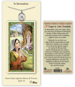 Pewter Saint Bernadette Medal on an 18 inch Lite Curb Chain with a A Prayer to Saint Bernadette Prayer Card. Engraved Catholic Saint Jewelry