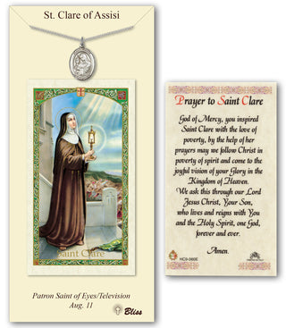 Pewter Saint Clare of Assisi Medal on an 18 inch Lite Curb Chain with a Prayer to St Clare Prayer Card. Engraved Catholic Saint Jewelry