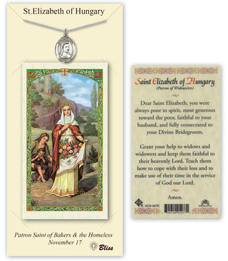 Pewter Saint Elizabeth of Hungary Medal on an 24 inch Heavy Curb Chain with a Prayer to St Elizabeth of Hungary Prayer Card. Engraved Catholic Saint Jewelry
