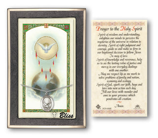 Silver Filled Holy Spirit Medal on an 18 inch Lite Curb Chain with a Prayer to Holy Spirit Prayer Card. Engraved Catholic Saint Jewelry