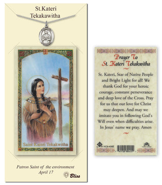 Pewter Saint Kateri Tekakwitha Medal on an 24 inch Heavy Curb Chain with a Prayer to Kateri Tekakwith Blessed Prayer Card. Engraved Catholic Saint Jewelry