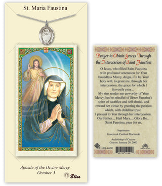 Pewter Saint Maria Faustina Medal on an 18 inch Lite Curb Chain with a The Intercession of Saint Faustina Prayer Card. Engraved Catholic Saint Jewelry
