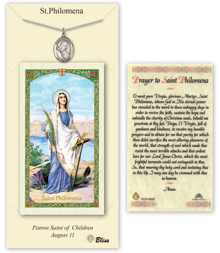 Pewter Saint Philomena Medal on an 18 inch Lite Curb Chain with a Prayer to St Philomena Prayer Card. | Engravable