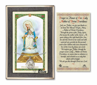 Sterling Silver Our Lady of Providence Medal on an 18 inch Lite Curb Chain with a Prayer to Our Lady of Divine Providence Prayer Card. | Engravable