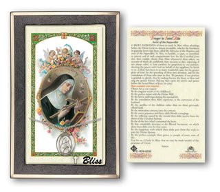 Sterling Silver Saint Rita of Cascia Medal on an 18 inch Lite Curb Chain with a Prayer to St Rita of Cascia Prayer Card. | Engravable