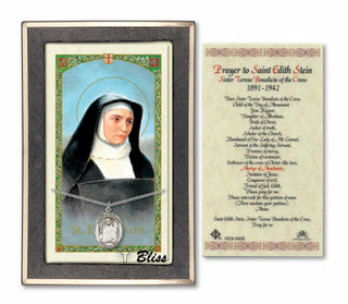 Sterling Silver Saint Edith Stein Medal on an 18 inch Lite Curb Chain with a Prayer to St Edith Stein Prayer Card. | Engravable