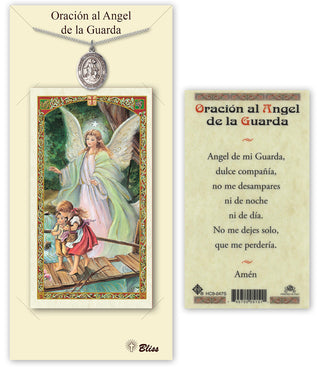 Pewter Angel de la Guardia Medal on an 18 inch Lite Curb Chain with a Prayer to Guardian Angel On Bridge Prayer Card. Engraved Catholic Saint Jewelry