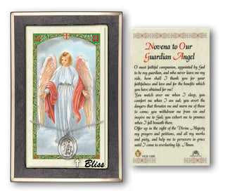Silver Filled Guardian Angel w/Child Medal on an 18 inch Lite Curb Chain with a Novena to Our Guardian Angel Prayer Card. | Engravable