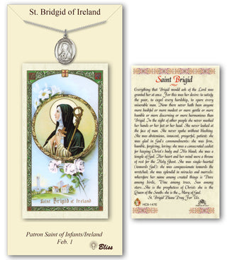 Pewter Saint Brigid of Ireland Medal on an 18 inch Lite Curb Chain with a Prayer to St Brigid Prayer Card. Engraved Catholic Saint Jewelry