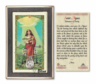 Silver Filled Saint Agnes of Rome Medal on an 18 inch Lite Curb Chain with a Prayer to St Agnes Prayer Card. Engraved Catholic Saint Jewelry