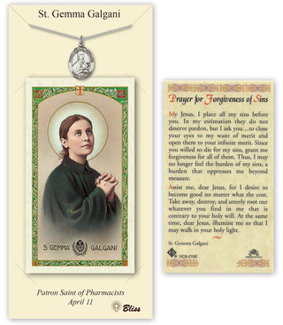 Pewter Saint Gemma Galgani Medal on an 18 inch Lite Curb Chain with a St Germma Galgani Prayer Card. Engraved Catholic Saint Jewelry