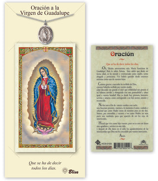 Pewter Virgen de Guadalupe Medal on an 18 inch Lite Curb Chain with a Our Lady of Guadalupe -Oracions Todos Los Dias Prayer Card.