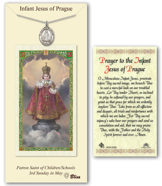 Pewter Infant of Prague Medal on an 18 inch Lite Curb Chain with a Prayer to the Infant Jesus of Prague Prayer Card. Engraved Catholic Saint Jewelry