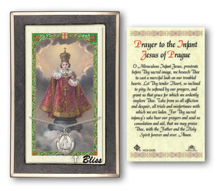 Silver Filled Infant of Prague Medal on an 18 inch Lite Curb Chain with a Prayer to the Infant Jesus of Prague Prayer Card. Engraved Catholic Saint Jewelry