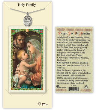 Pewter Holy Family Medal on an 18 inch Lite Curb Chain with a Holy Family - Prayer for Families Prayer Card. Engraved Catholic Saint Jewelry