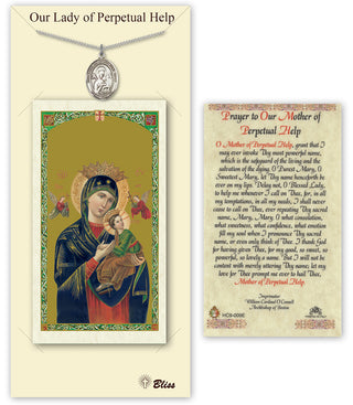 Pewter Our Lady of Perpetual Help Medal on an 18 inch Lite Curb Chain with a Prayer to Our Lady of Perpetual Help Prayer Card. Engraved Catholic Saint Jewelry