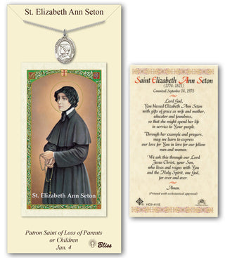 Pewter Saint Elizabeth Ann Seton Medal on an 18 inch Lite Curb Chain with a Prayer to St Elizabeth Anne Seton Prayer Card. Engraved Catholic Saint Jewelry