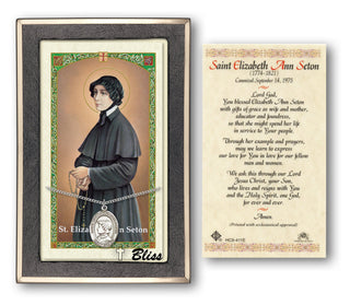 Silver Filled Saint Elizabeth Ann Seton Medal on an 18 inch Lite Curb Chain with a Prayer to St Elizabeth Anne Seton Prayer Card. Engraved Catholic Saint Jewelry