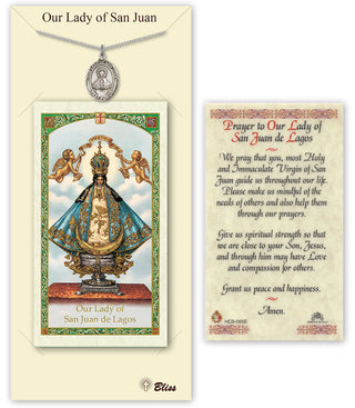 Pewter Our Lady of San Juan Medal on an 18 inch Lite Curb Chain with a Prayer to Our Lady of San Juan Prayer Card. | Engravable