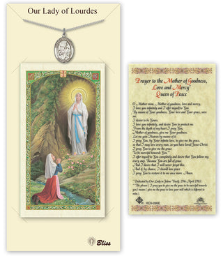Pewter Our Lady of Lourdes Medal on an 18 inch Lite Curb Chain with a Prayer to Our Lady of Lourdes Prayer Card. | Engravable