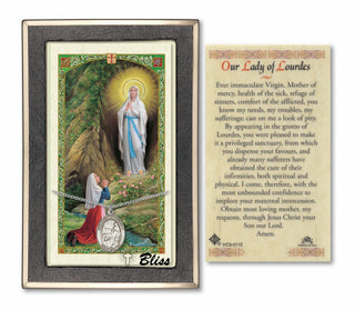 Sterling Silver Our Lady of Lourdes Medal on an 18 inch Lite Curb Chain with a Prayer to Our Lady of Lourdes Prayer Card. | Engravable