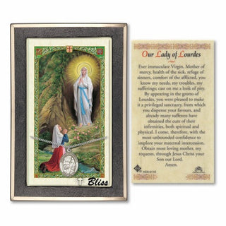Silver Filled Our Lady of Lourdes Medal on an 18 inch Lite Curb Chain with a Prayer to Our Lady of Lourdes Prayer Card. | Engravable