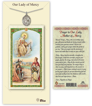 Pewter Our Lady of Mercy Medal on an 18 inch Lite Curb Chain with a Prayer to Our Lady of Mercy Prayer Card. | Engravable