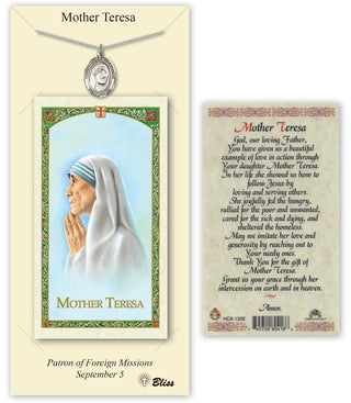 Pewter Saint Teresa of Calcutta Medal on an 18 inch Lite Curb Chain with a Prayer to Saint Teresa Prayer Card. | Engravable