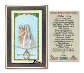 Sterling Silver Saint Teresa of Calcutta Medal on an 18 inch Lite Curb Chain with a Prayer to Saint Teresa Prayer Card. | Engravable
