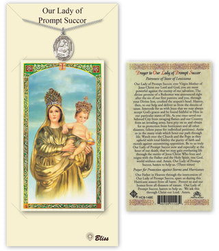 Pewter Our Lady of Prompt Succor Medal on an 18 inch Lite Curb Chain with a Our Lady of Prompt Succor - Prayer to and Against Hurricanes Prayer Card. | Engravable