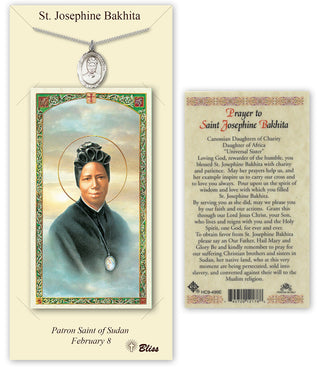Pewter Saint Josephine Bakhita Medal on an 18 inch Lite Curb Chain with a Prayer to Saint Josephine Bakhita Prayer Card. | Engravable