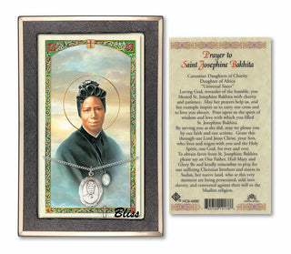 Sterling Silver Saint Josephine Bakhita Medal on an 18 inch Lite Curb Chain with a Prayer to Saint Josephine Bakhita Prayer Card. | Engravable