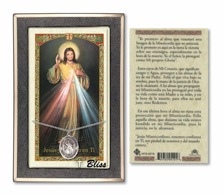 Sterling Silver Divina Misericordia Medal on an 18 inch Lite Curb Chain with a Prayer to Divine Mercy Prayer Card.