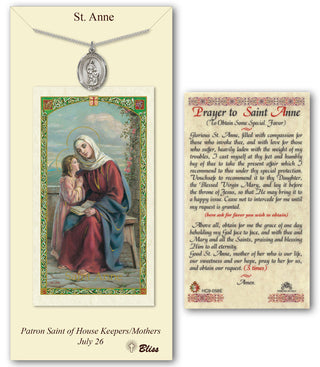 Pewter Saint Anne Medal on an 18 inch Lite Curb Chain with a Prayer to St Anne Prayer Card. | Engravable