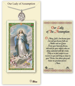 Pewter Our Lady of Assumption Medal on an 18 inch Lite Curb Chain with a Prayer to Our Lady of Assumption Prayer Card. | Engravable