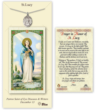 Pewter Saint Lucy Medal on an 18 inch Lite Curb Chain with a Prayer in Honor of St Lucy Prayer Card. | Engravable