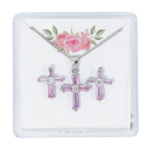 Pink Cross Pend & Earring Set