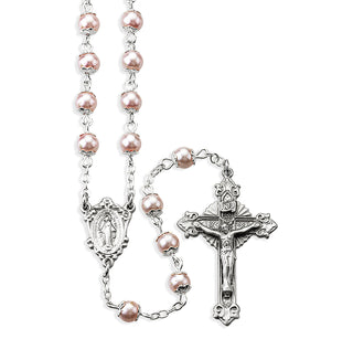 Light Pink Faux Pearl Double Capped New England Pewter Rosary