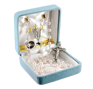 Light Pink Faux Pearl Double Capped New England Pewter Rosary
