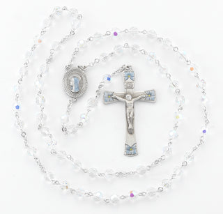6mm Round Crystal Bead New England Pewter Rosary with Blue Enameled Center & Crucifix