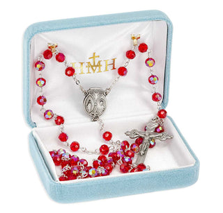 6mm Ruby Glass Faceted Beads with Pewter Crucifix and Center