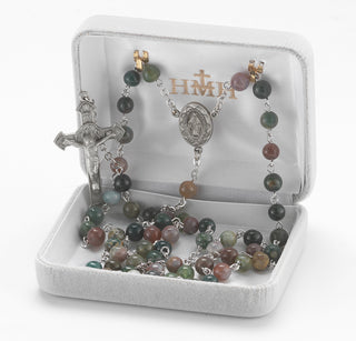 6mm India Agate Gemstone Bead Rosary made with Genuine Pewter Crucifix and Center