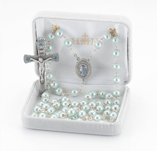 8mm Round Blue Glass Capped Bead with New England Pewter Blue Enameled Center & Crucifix