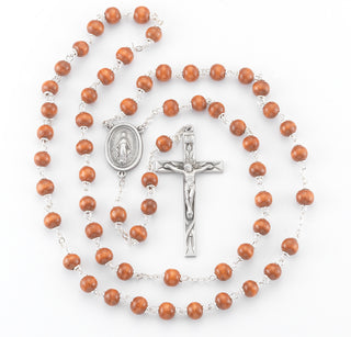 6mm Brown Oval Wood Bead Rosary with Pewter Crucifix and Center
