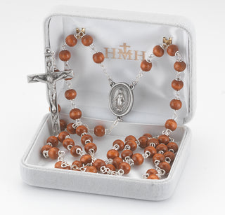 6mm Brown Oval Wood Bead Rosary with Pewter Crucifix and Center
