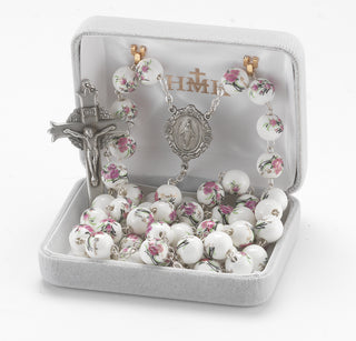White and Pink Glass Flower Bead New England Pewter Rosary