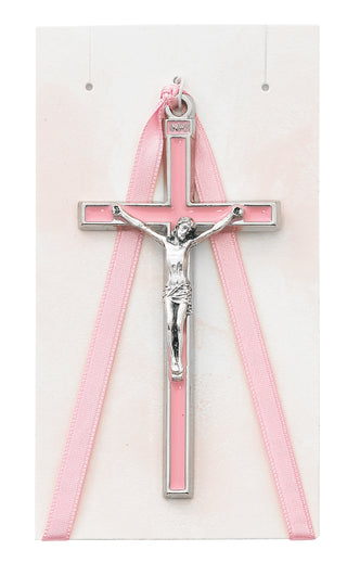 3.75 In. Pink Crib Crucifix With Pink Ribbon 