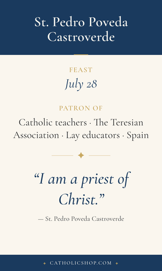 Saint Pedro Poveda Castroverde holy card  with feast day, patronage, and prayer