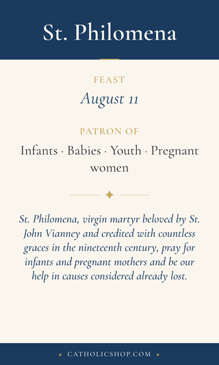 Saint Philomena holy card  with feast day, patronage, and prayer