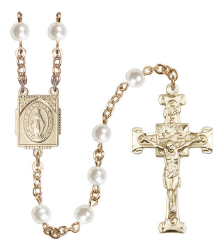 14 Karat Gold 6mm White, Faux Pearl Miraculous Rosary